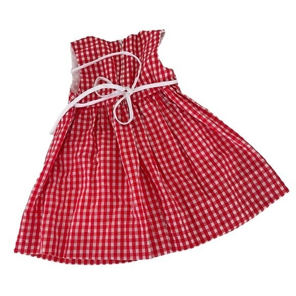 HANDMADE Girls Red White Check Dress Floral Appliqués Gingham Seersucker - Picture 4 of 6